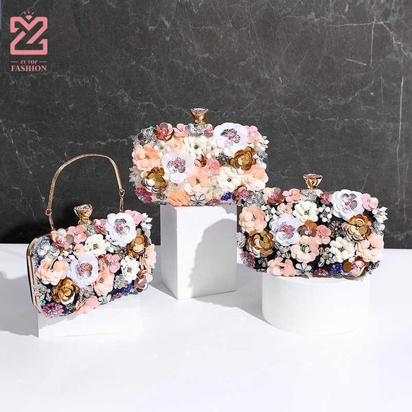 

three dimensional color bead piece flower bag temperament fashion dinner bag party bead piece hand bag