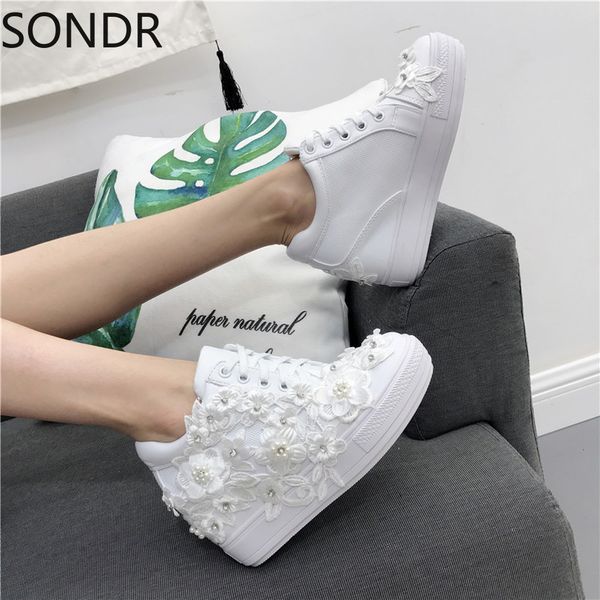 

2023 womens pu leather rhinestones lace flowers wedge hidden high heel sneakers shoes lace up black white girls