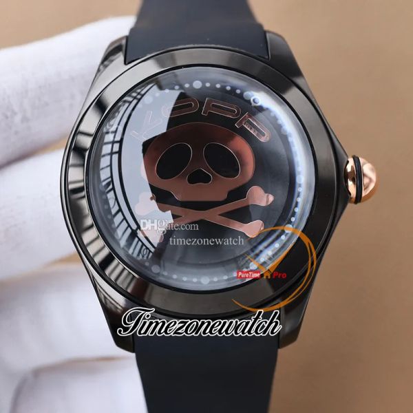

new 47mm big bubble kopp gray skull dial automatic mens watch pvd black steel steel case rubber strap gents watches twcm timezonewatch e58a5, Slivery;brown