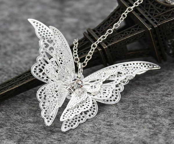 

new women lady girl 925 sterling silver plated hollow butterfly necklace rhinestones pendant fashion jewelry flying wings butterfl1209698