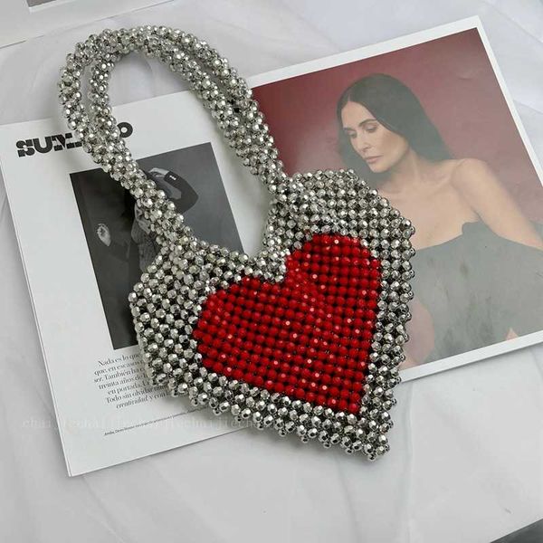 

chai jie peach shaped love bag trend handmade beaded electroplated silver bead weaving red heart one shoulder underarm handbag 230625