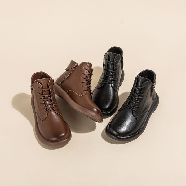 

british martin boots 2023 autumn/winter new genuine leather plush women boots retro soft sole soft leather flat bottom short shoes, Black