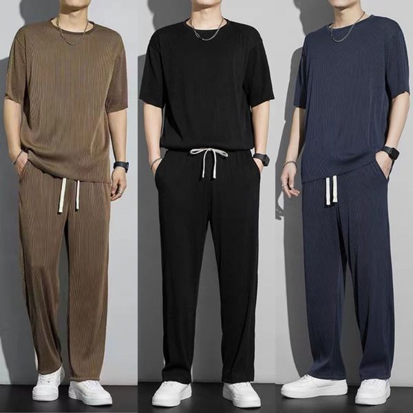 

men's tracksuits 2023 summer fashion loose large size ice silk suit classic crewneck casual solid color highquality twopiece set m5xl 2, Gray