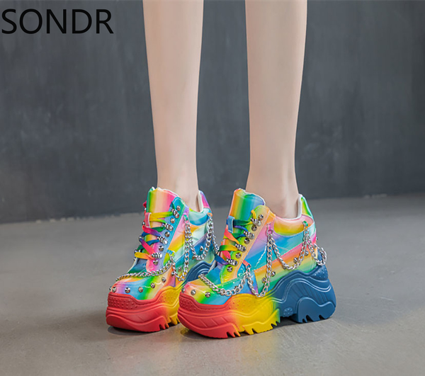 

womens genuine leather rainbow colors sneaker lace up wedge hidden heel shoes bling laser luxury new 2023, Black