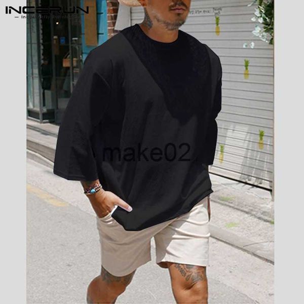 

men's plus tees polos fashion men casual t shirt plain cotton 34 sleeve crew neck 2023 baggy tshirts streetwear camiseta masculina plus, Black;brown