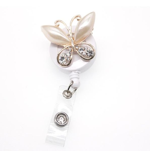 

30pcslot fashion rhinestone pearl beautiful butterfly retractable animal id badge holder reel for giftparty2321671, Gray