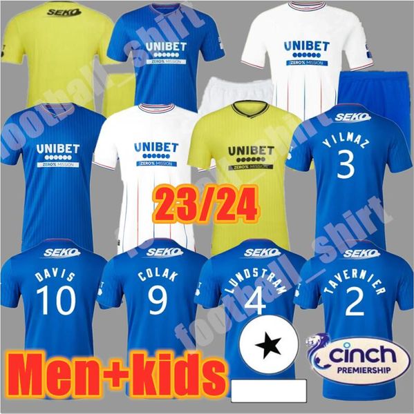 

23 24 rangers glasgow soccer jerseys 2023 2024 home away tee champions davis legendary version defoe barker morelos football shirts men kids, Black;yellow
