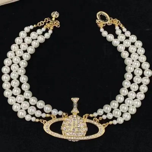 

luxury fashionable pearl necklace advanced retro three layer pearl shiny saturn bead pendant 111, Silver
