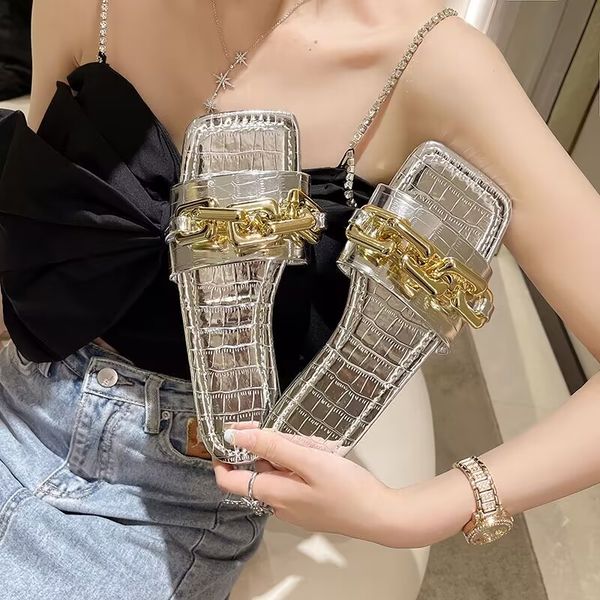 

women's slippers fashion chain square head outdoor comfortable non-slip personality beautiful shopping sandals size 35-42, Black