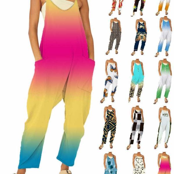 

2023 summer new jumpsuits women designer casual rompers with pockets fashion gradient printed loose pants 15 colours, Black;white