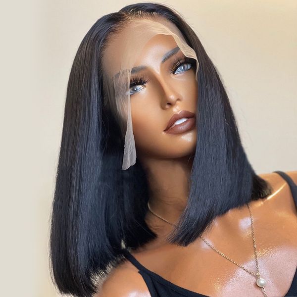 

short bob wig straight 13x4 lace frontal human hair wigs for women hair closure wig brazilian hd transparent lace wigs, Black;brown