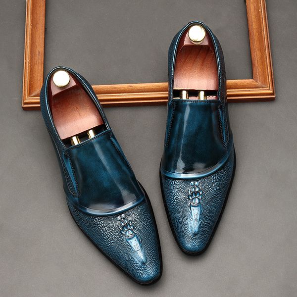 

crocodile pattern italian patent leather loafers luxury slip on casual business shoes men pointed toe dress shoes, Black