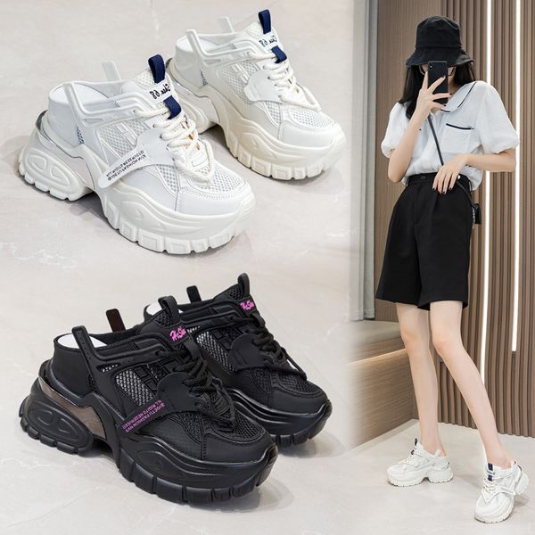 

summer thick sole half slippers 2023 new high rise hollow out versatile breathable casual dad sandals female height increasing shoes, Black;white