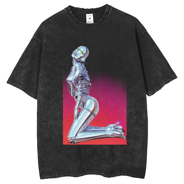 

23 female robot print t-shirt washable old men's high street fashion short sleeve t-shirt loose fit, White;black