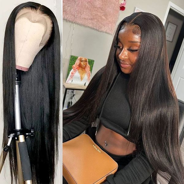 

13x4 straight human hair lace wig pre plucked hd transparent lace frontal wig for women human hair straight lace closure wig, Black;brown