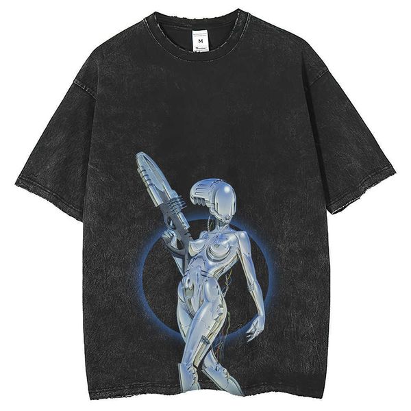 

hajime sorayama machine metal t-shirt punk style men's summer short sleeve breathable loose round neck washed and worn, White;black