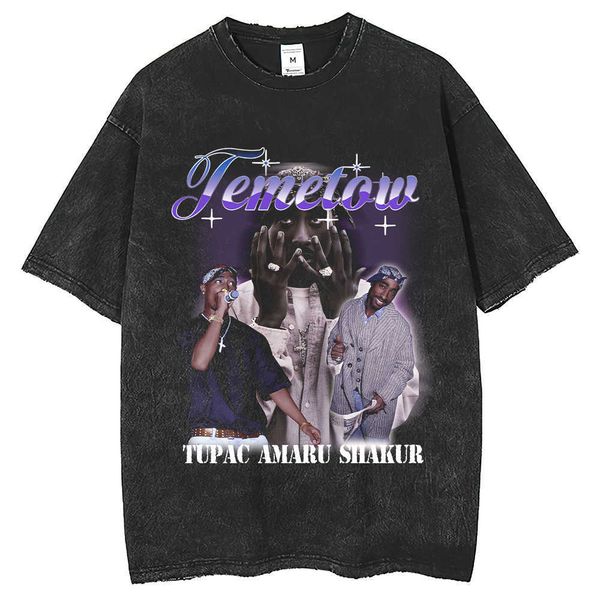 

tupac rap singer t-shirt oversized street men's and women's digital direct spray printing breathable casual short sleeve fashion, White;black