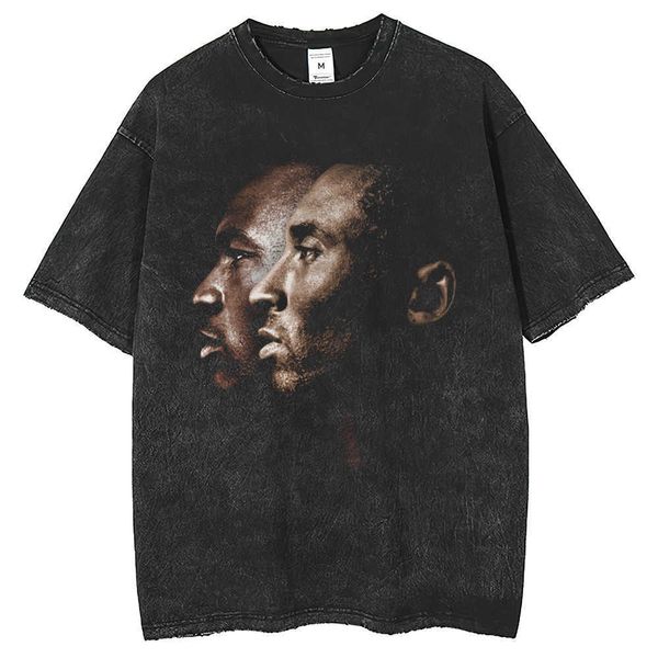 

basketball star kobe vintage american printed short sleeved t-shirt washed 250g small neckline t-shirt, White;black
