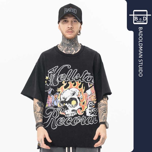 

men and women he934 hellstar studios american summer heavyweight wash old print loose short sleeve t-shirt, White;black