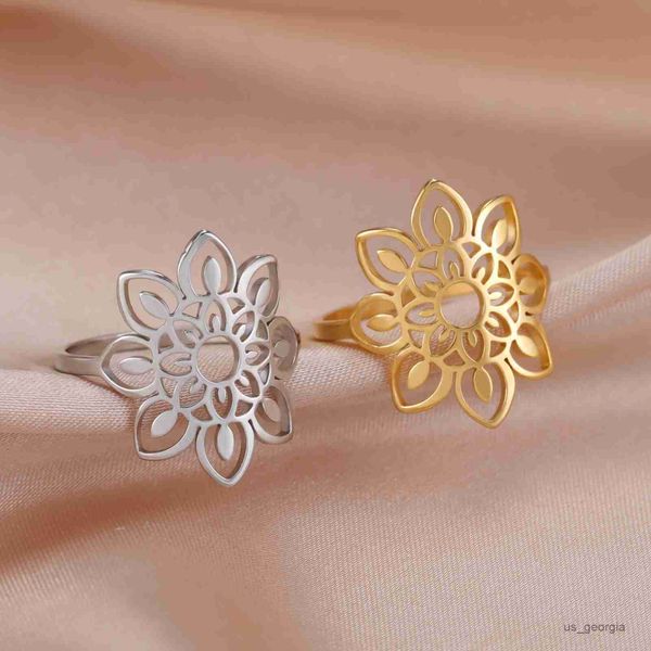 

band rings skyrim large filigree lotus flower ring women stainless steel gold color aesthetic bohemian ring wedding engagement jewelry gift, Silver