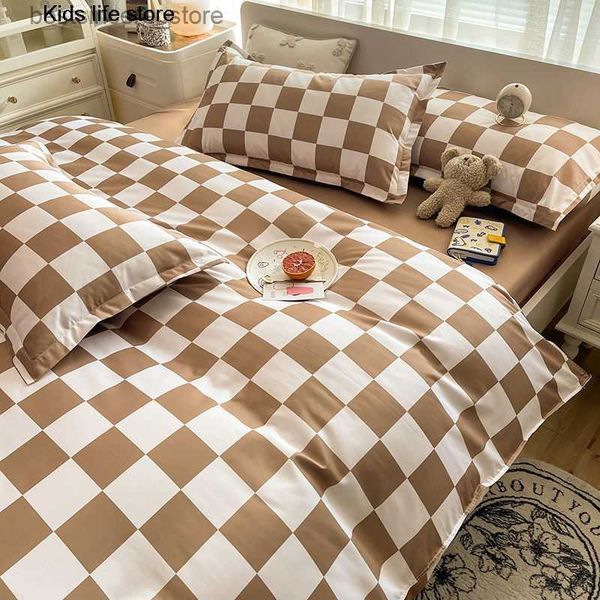 

checkerboard pinted bedding set with quilt cover flat sheet pillowcase kids girls boys single double king size bed linen l230522