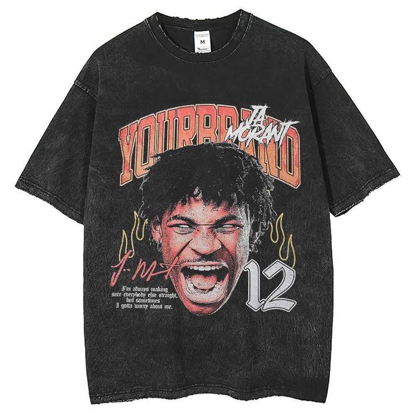 

washed old figure print short sleeve t-shirt high street fashion brand hip hop for men and women, White;black