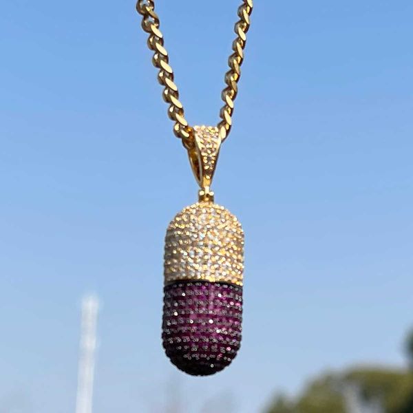 

pendant necklaces bubble letter tiny pill iced out necklace for men prong setting real copper cubic zirconia hip hop jewelry 230621, Silver