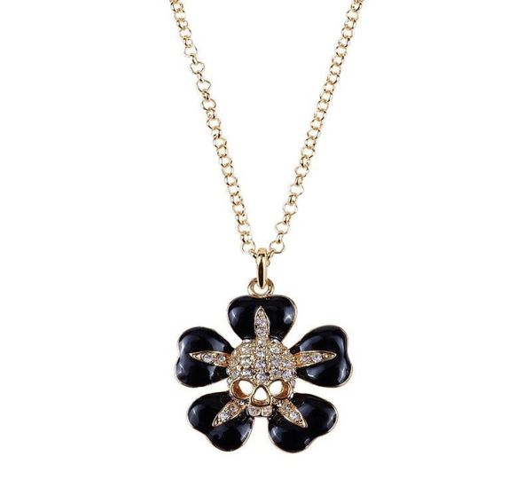 

black small flower inlaid with gold skull saturn necklace lacquered skull flower necklace2897517, Silver