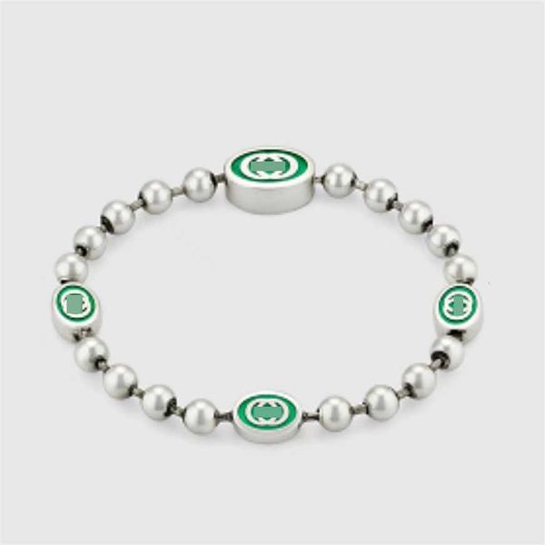 

2023 gujia 925 sterling silver classic double interlocking green enamel g family bracelet round bead couple same ornament, Black
