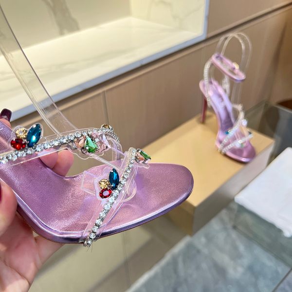 

stiletto sandals crystal-encrusted strap spool heels sky-high heel shoes for women summer luxury designers sandal party heeled factory footw, Black