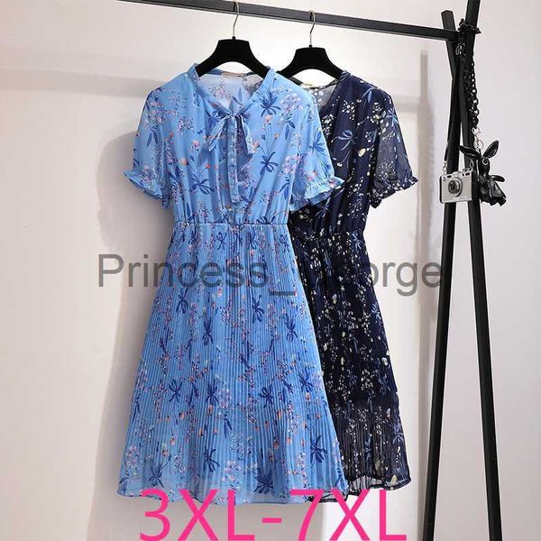 

casual dresses new summer plus size dresses for women large short sleeve casual floral pleated chiffon dress blue 3xl 4xl 5xl 6xl 7xl x0625, Black;gray