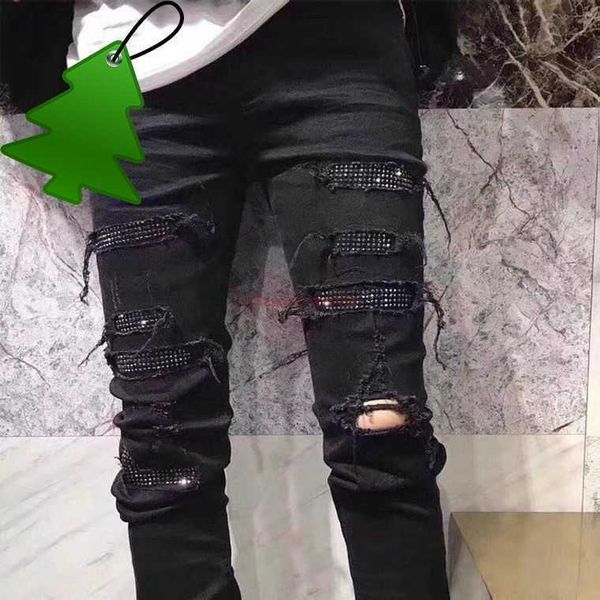 

designer clothing amires jeans denim pants amies fashion brand black diamond slp perforated jeans mens youth high street rock slim fit small, Blue