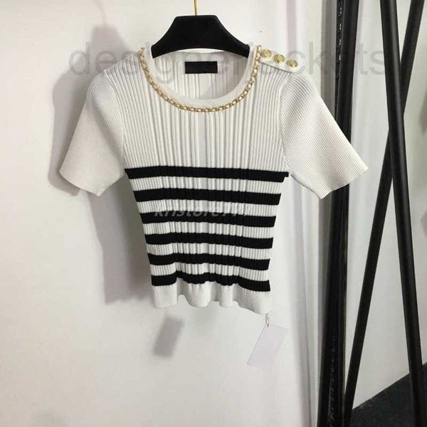 

women's t-shirt 2023 women summer slim knit tee designer with striped buttons milan runway crop clothing high end brand elasticity pul, White