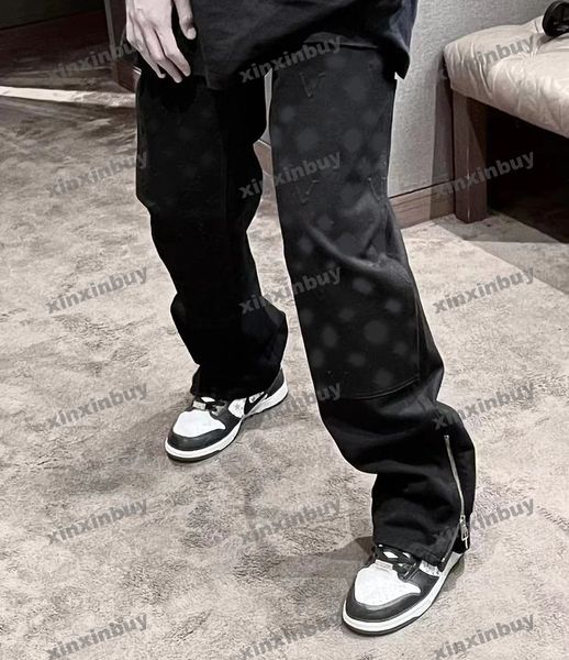 

xinxinbuy men women designer pant paris emboss letter printing washed jeans denim zipper casual pants blue black s-2xl, Black;brown