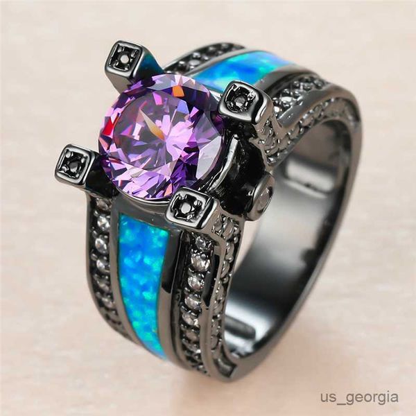 

band rings elegant female purple round crystal ring charm 14kt black gold wedding rings for women promise blue opal stone engagement ring r2, Silver