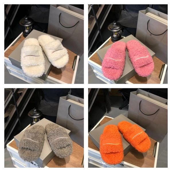 

designers women ladies wool slippers slides winter fur fluffy furry warm letters sandals comfortable fuzzy girl flip flop slipper slide, Black