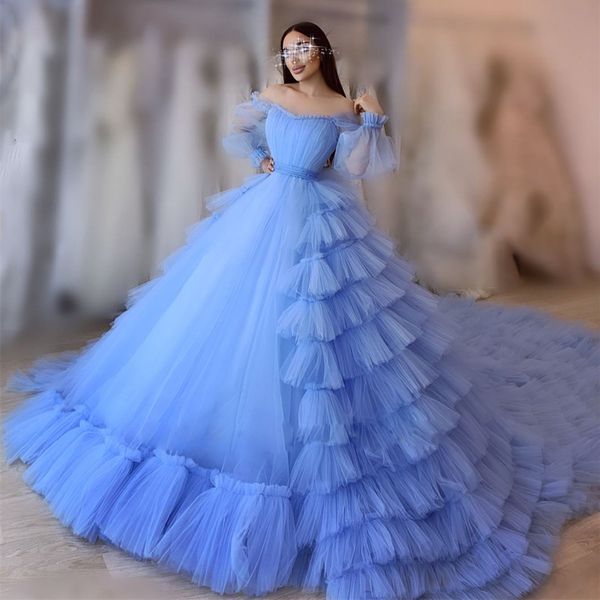 

blue ruffles ball gowns evening dresses for bride off the shoulder puffy sleeve tiere womens birthday pgraphy dress, Black;red