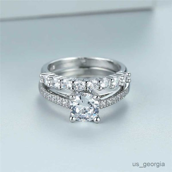 

band rings white zircon round stone ring set female luxury crystal engagement rings vintage silver color wedding ring bridal sets for women
