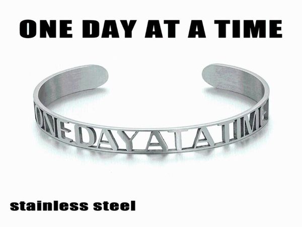 

silver color stainless steel open bangle letter one day at a time for women men adjustable jewelry gift8934903, Black