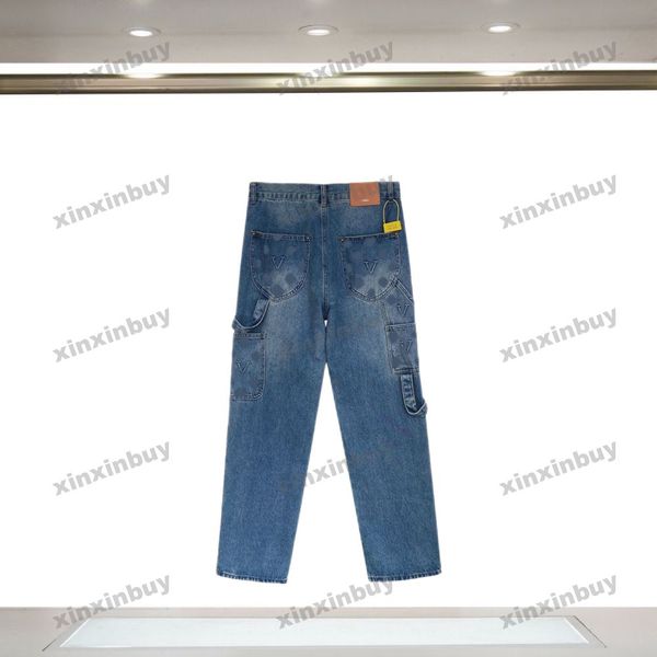 

xinxinbuy men women designer pant paris emboss letter printing washed jeans denim zipper casual pants blue s-2xl, Black;brown