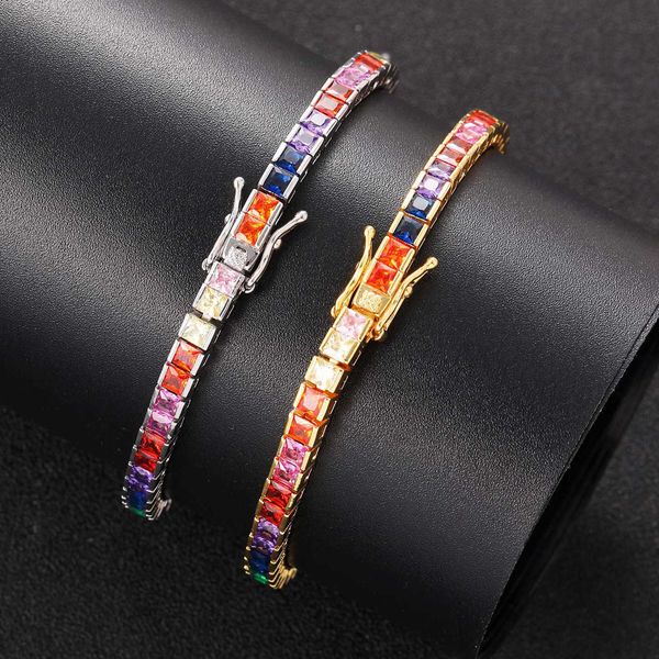 

boutique hip hop bracelet 4mm colorful square zircon tennis chain bracelets bangle copper 5a cz stone prong 14k gold wristband rapper jewelr, Black