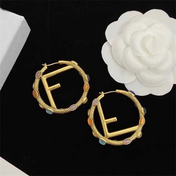 

2023 fenjia round f letter egg shaped colored stone 925 silver needle fashion versatile earrings brass earstuds, Golden