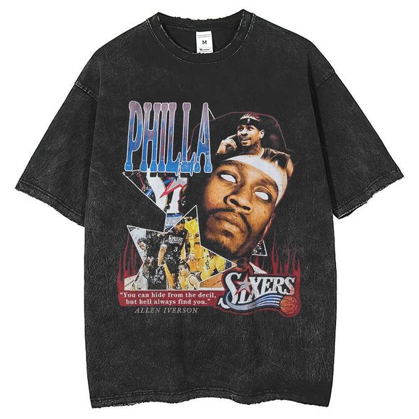 

allen iverson portrait print street trendy brand t-shirt 250g water wash worn out t-shirt oversized t-shirt, White;black