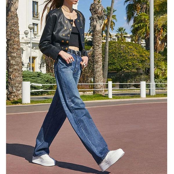 

jeans 124261 fashion classic trendy design spring and summer new washed wide leg high waist jeans for women, Blue