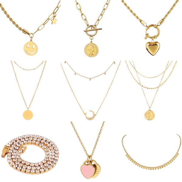 

necklaces fashion stainless steel necklace for women multilayer necklace heart pendant choker smiley face chain choker necklaces jewelry, Silver