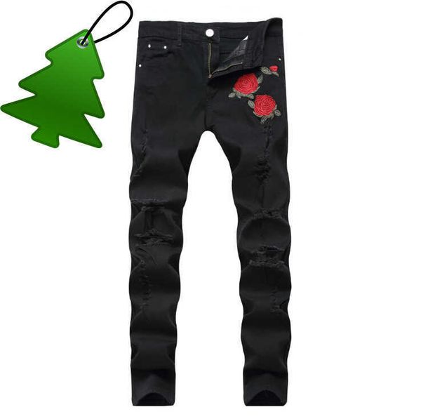 

rose embroidery jeans fashion blue black ripped male tide slim pants