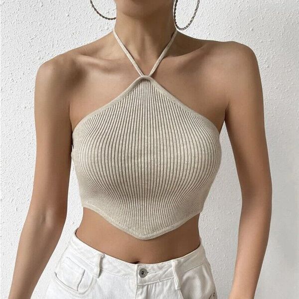

womens hang neck lace up backless knitted vest slim cropped clubwear, White