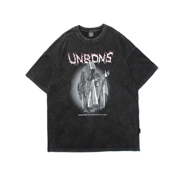 

dark high street style altar demon print used washed short sleeve t-shirt men's loose casual fashion brand top, White;black