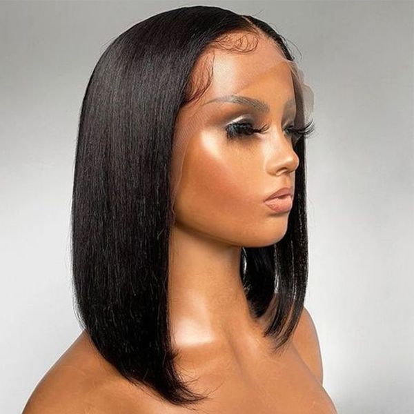 

human hair wigs bob 13x4 transparent lace frontal wig pre plucked bleached knots 100% remy human hair lace wig bob, Black;brown
