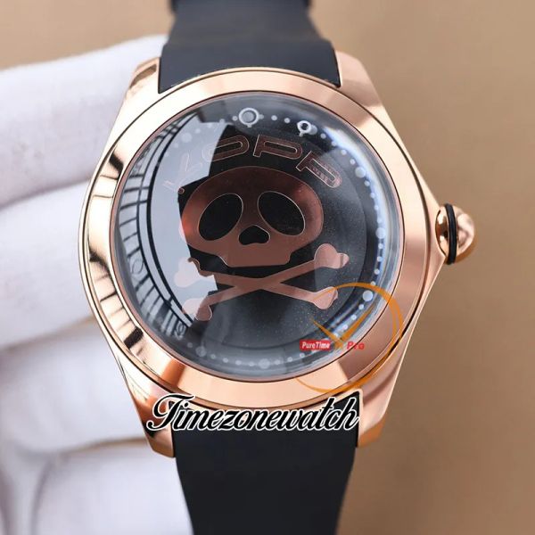 

new 47mm big bubble kopp gray skull dial automatic mens watch rose gold case rubber strap gents watches twcm timezonewatch e58a2, Slivery;brown
